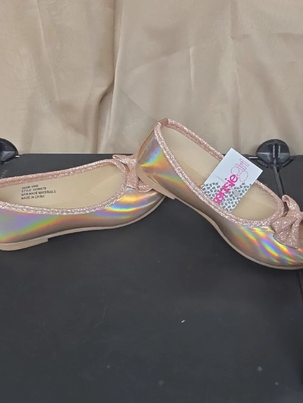 BRAND NEW Kensie Girl Size 11 Rose Gold Iridescent Ballet Flats with Glitter Bow